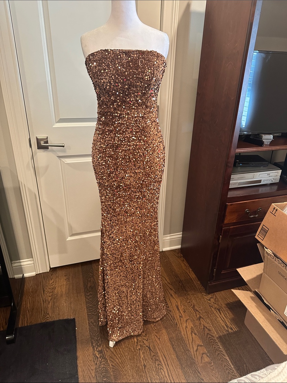 Strapless Gold Sequin Mermaid Gown with Sheer Cape